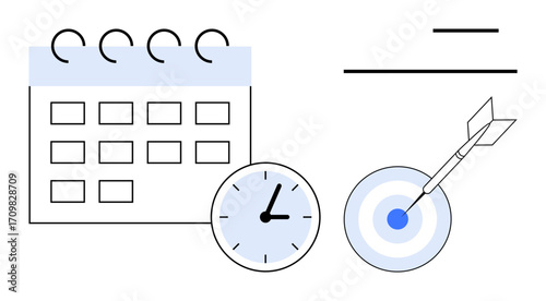 Calendar, clock, and bullseye target symbolize scheduling, time management, and reaching goals. Ideal for productivity, planning, motivation, organization deadlines efficiency simple flat metaphor
