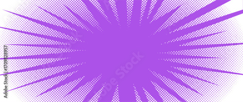 Comic pop art background. Starburst radial cartoon explosion with anime design effect. Dot pattern style. Colorful background with halftone gradient. Vector illustration