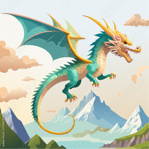 3D Drache, Fantasy, schuppige Textur, fliegend über Bergen, episches Licht, detailliert, fotorealistisch