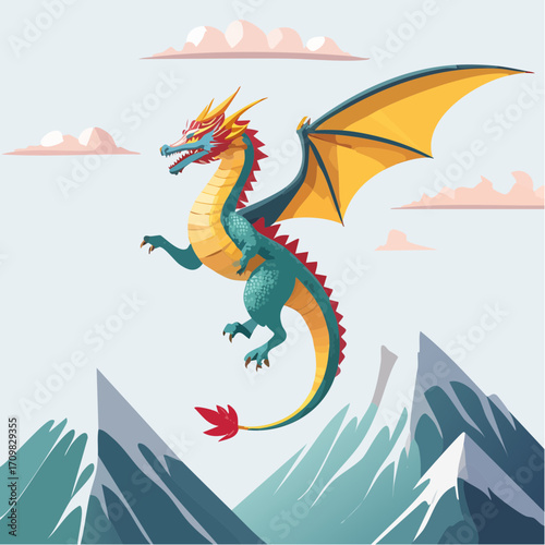 3D Drache, Fantasy, schuppige Textur, fliegend über Bergen, episches Licht, detailliert, fotorealistisch