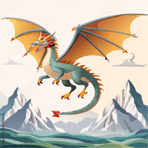 3D Drache, Fantasy, schuppige Textur, fliegend über Bergen, episches Licht, detailliert, fotorealistisch