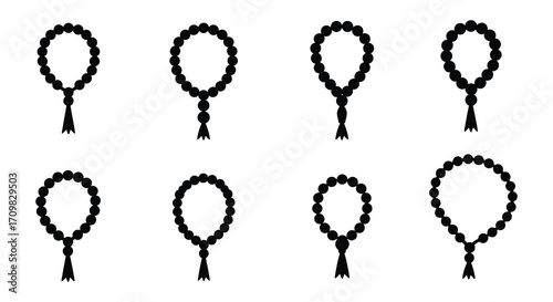 Simple black and white illustration featuring multiple prayer beads arrangements