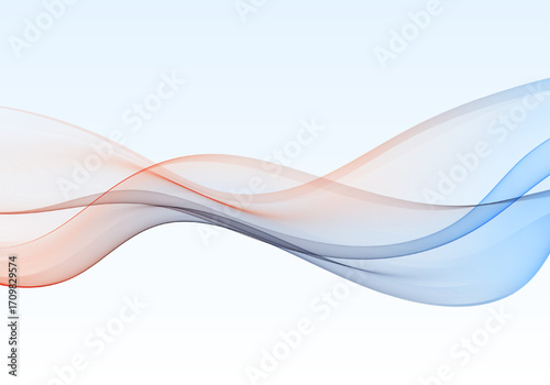 Dynamic abstract wave with soft red and blue gradient hues on a clean white background.
