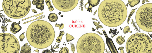 Traditional Italian cuisine. Hand-drawn illustration of Italian traditional dishes and products. Ink. Vector	