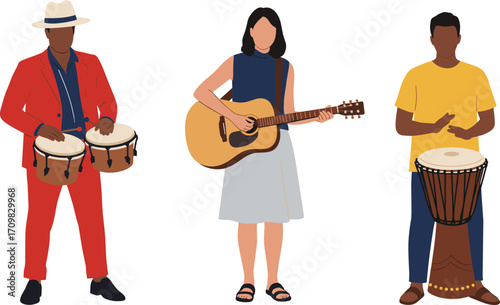 Diverse Musicians Playing Acoustic Guitar, Bongos, and African Drum in Colorful Outfits on White Background Illustration