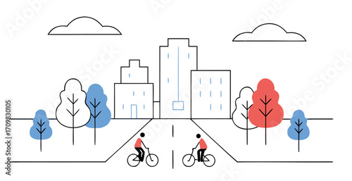 Vector of Modern urban cityscape with green spaces, people riding bicycles, and minimal line art style