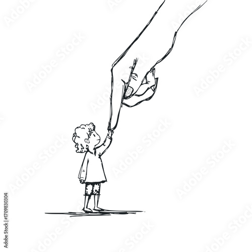 Child holding mother's finger doodle illustration on isolated white background