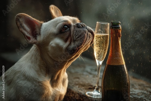 French Bulldog enjoys champagne while celebrating New Year's Eve with festive ambiance and cheerfulness