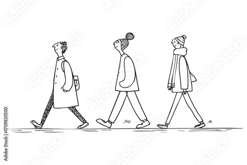 Walking business people doodle illustration on isolated white background