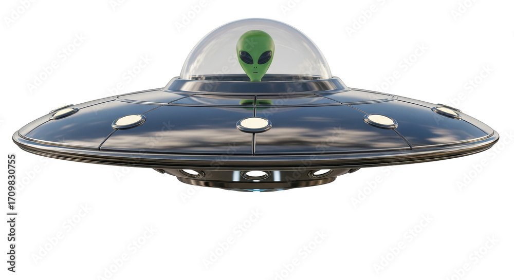 Naklejka premium Isolated UFO with Alien in a Dome, Spaceship, Fantasy, Sci-Fi, Extraterrestrial, Flying Object