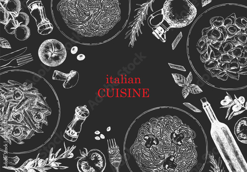 Traditional Italian cuisine. Hand-drawn illustration of Italian traditional dishes and products. Ink. Vector	