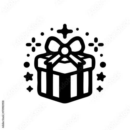 Black and white drawing of a gift box with a bow on top. The box is decorated with stars and the bow is tied in a bow. Concept of excitement and anticipation for the gift inside the box