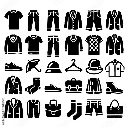 Collection of clothing items, including shirts, pants, and shoes. Concept of style and fashion