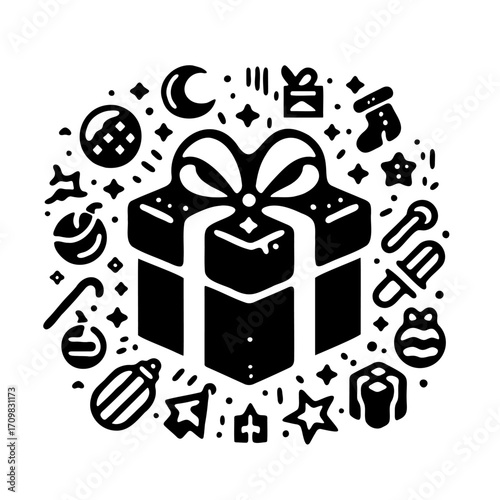 Black and white drawing of a box with a bow on top. The box is surrounded by various symbols and objects, including a star, a heart, and a Christmas tree. Scene is festive and joyful