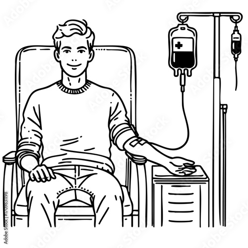 Man is sitting in a chair with a syringe in his arm. He is smiling and he is happy