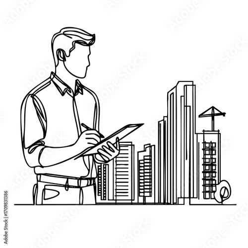 Man is writing on a clipboard in front of a city skyline. The man is wearing a white shirt and black pants. The skyline is full of tall buildings, and the man is standing in front of them