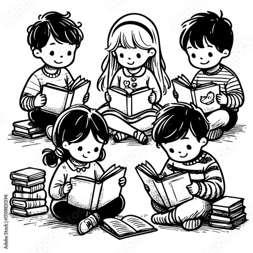 Group of children are sitting in a circle and reading books. Scene is cheerful and playful, as the children are enjoying their time together