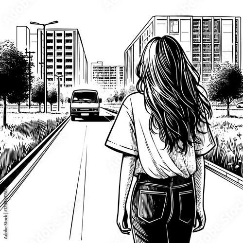 Woman walks down a street with a car behind her. The scene is set in a city with tall buildings in the background. The woman is in a hurry, and the car is driving behind her