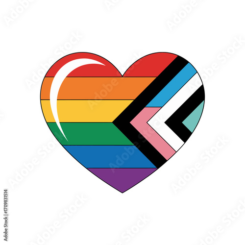 Progress pride heart, inclusive flag arrow, rainbow stripes, black brown trans colors, equality support, glossy sticker style, vector