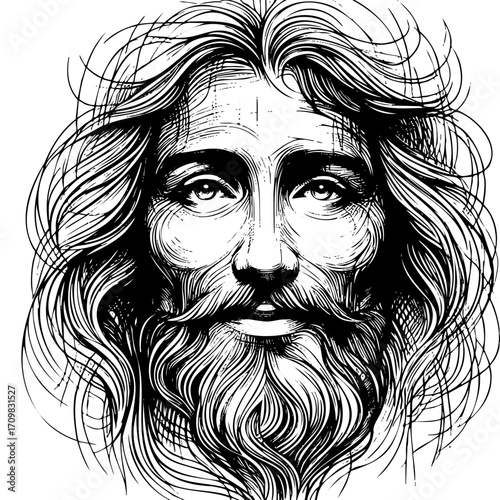 Man with a beard and long hair is depicted with a serious expression. Concept of wisdom and authority, as if the man is a religious figure or a leader