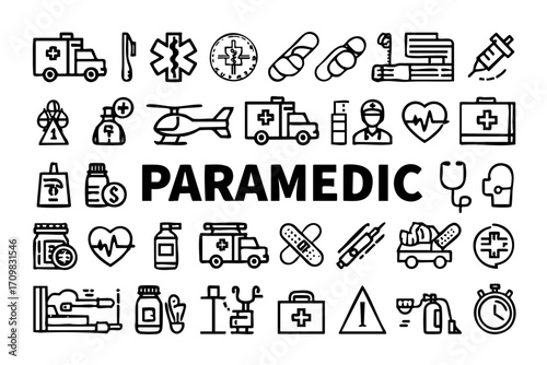 Collection of medical icons and the word paramedic written in white. The icons include a medical truck, a helicopter, a stethoscope, and a syringe. Scene is one of professionalism and urgency