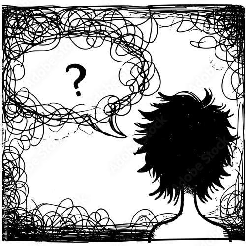 Man with messy hair is talking to himself. He is asking a question. The image has a chaotic and messy appearance, which reflects the man's thoughts and emotions