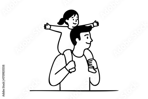 Man is holding a little girl on his shoulders. The man is smiling and the girl is smiling as well. Concept of warmth and happiness, as the father and daughter share a special moment together