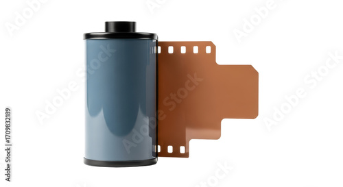 Isolated 35mm photographic film roll with cartridge, an analogue media for recording images