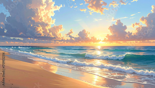 Fototapeta Naklejka Na Ścianę i Meble -  Golden sunset over turquoise ocean waves crashing on sandy beach image