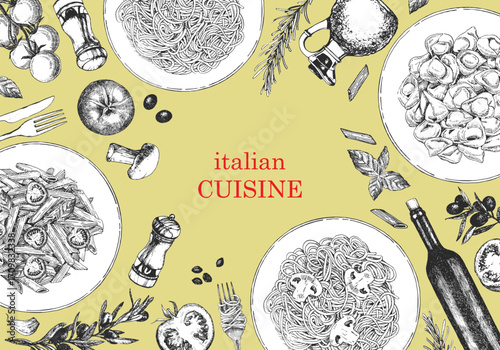 Traditional Italian cuisine. Hand-drawn illustration of Italian traditional dishes and products. Ink. Vector	