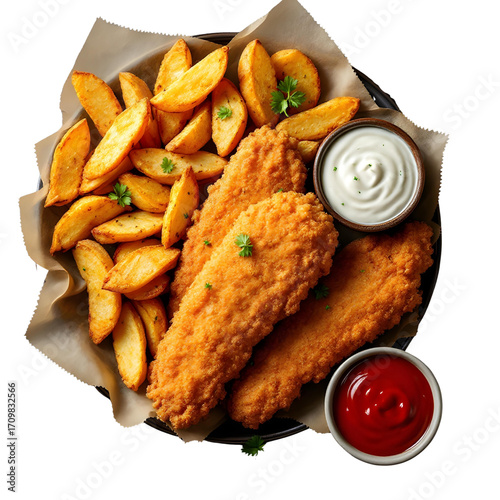 Breaded fish fillets and fried potato wedges