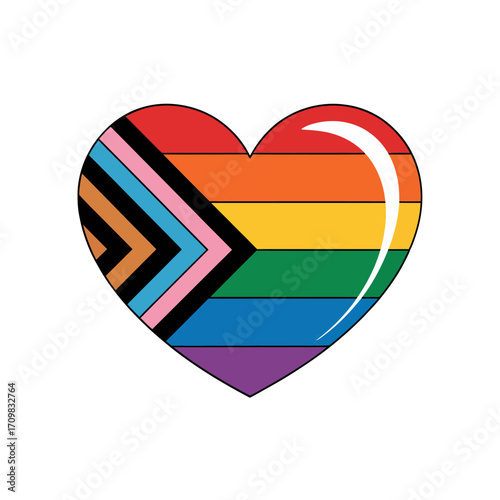 Inclusive pride heart, progress flag design, chevron arrow detail, rainbow palette, solidarity symbol, glossy sticker graphic, vector