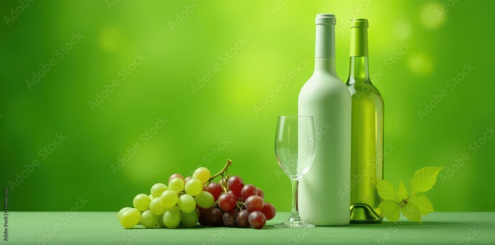 Obraz premium Elegant white wine bottle, fresh grapes, green backdrop, vintage, drink, closeup