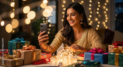 young indian woman sitting with gift box holding smartphone on diwali festival at home