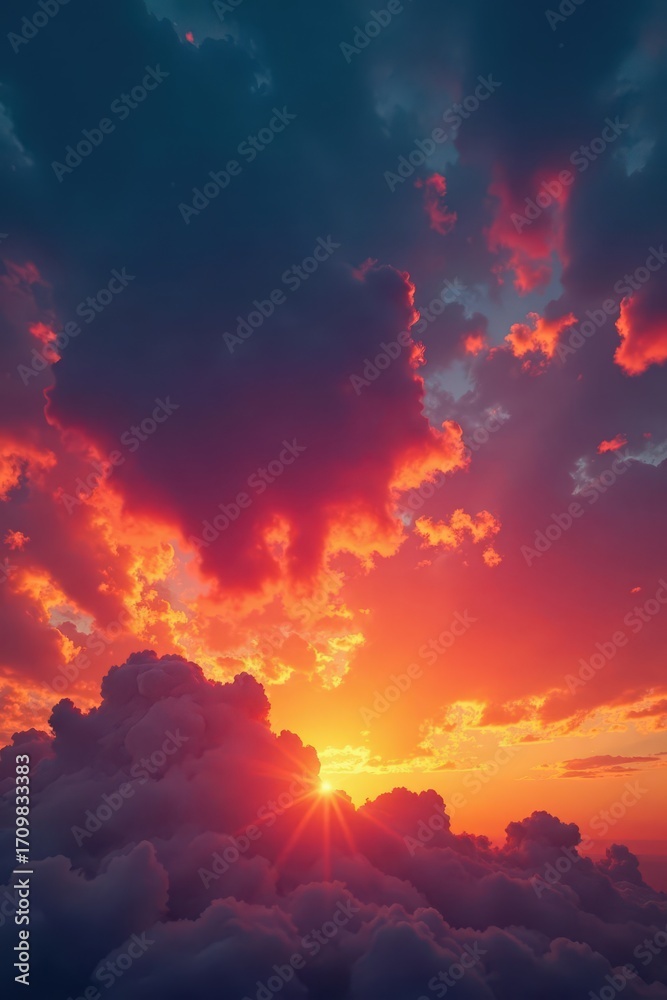 Naklejka premium Fiery orange and red clouds ablaze across a sunset sky , view, dramatic