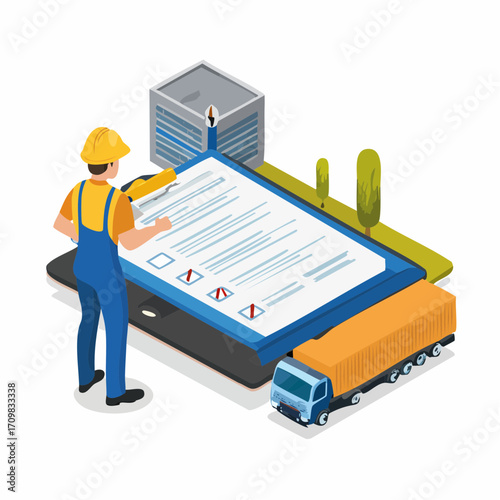 Customs inspector at check cargo clearance or import declaration tax form. Worldwide shipment and delivery service concept. Isometric vector illustration.