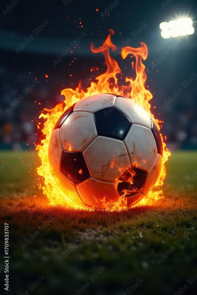 Fototapeta premium Fiery football engulfed in hot flames, burning intensely , inferno, visual, passion