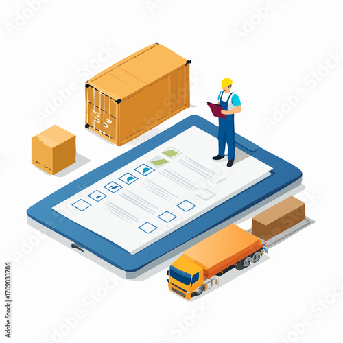 Customs inspector at check cargo clearance or import declaration tax form. Worldwide shipment and delivery service concept. Isometric vector illustration.