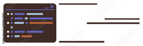 Code editor panel displaying syntax-highlighted lines and checkboxes, accompanied by horizontal lines. Ideal for software development, programming, coding workflow, project management, data
