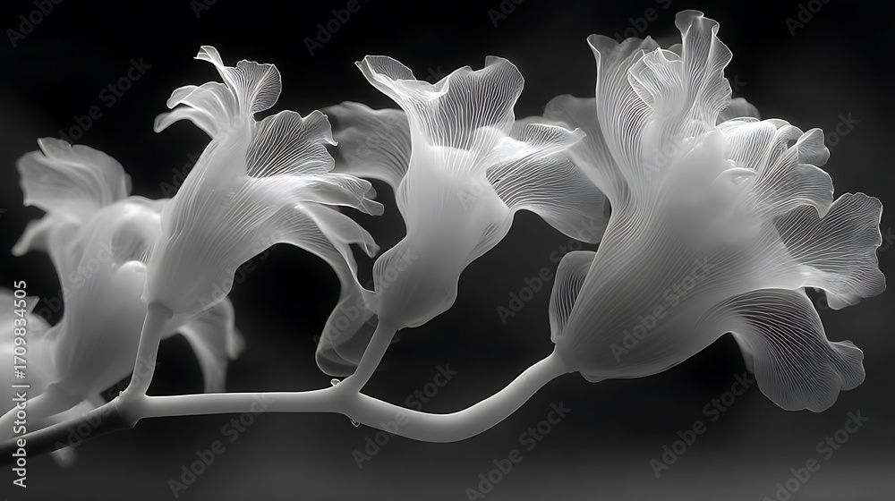 Fototapeta premium this monochrome picture features a collection of delicate, flower like objects set against a dark background