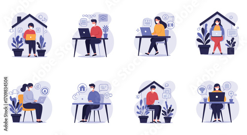 People working remotely from home during the pandemic illustrated vector design
