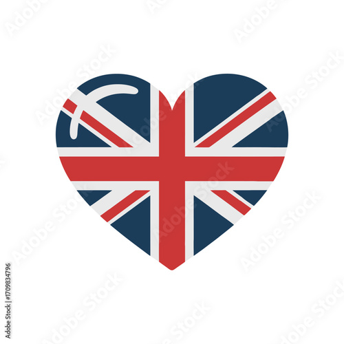 British flag heart, union colors emblem, patriotic love symbol, glossy finish, travel souvenir graphic, national pride sticker, vector
