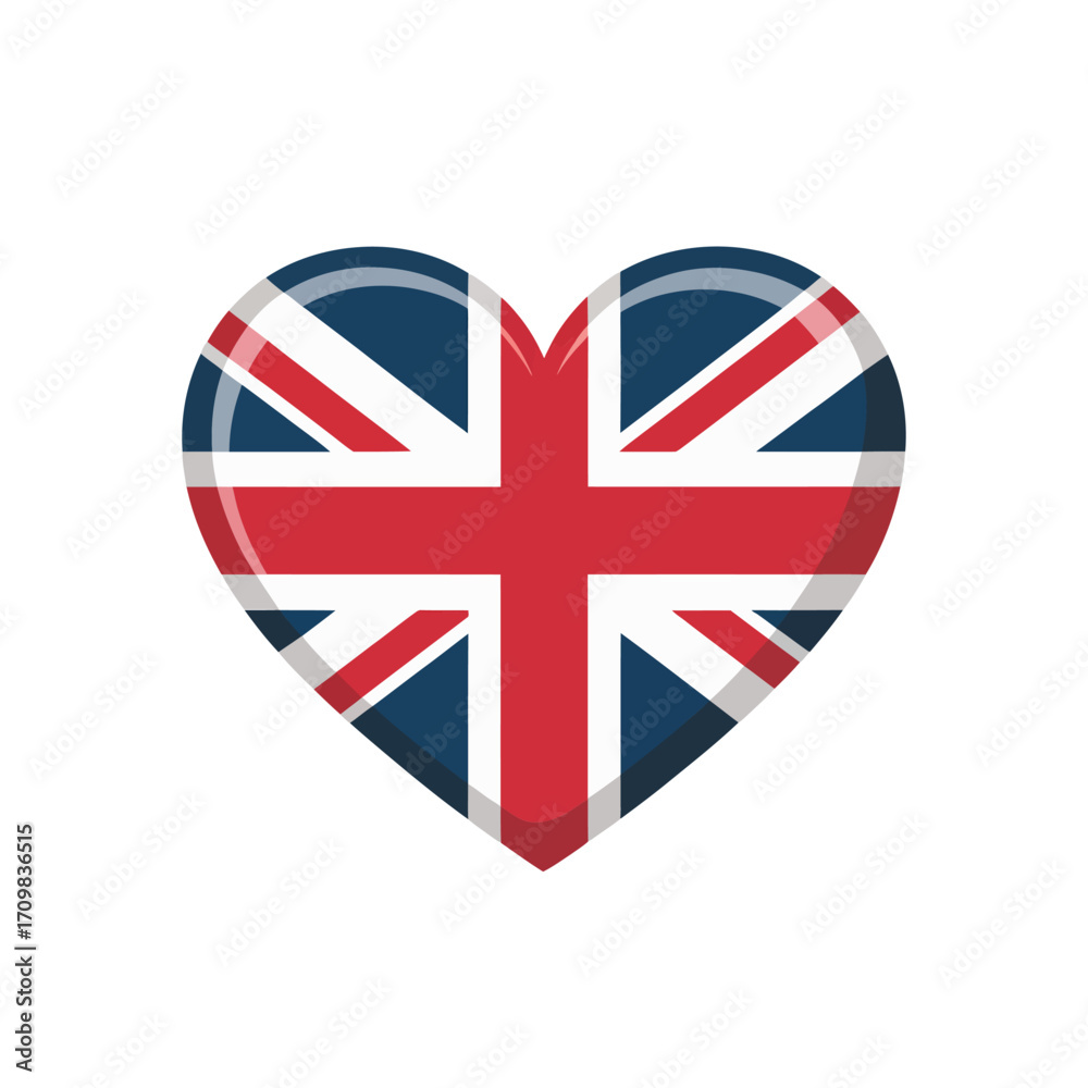 Fototapeta premium United Kingdom heart, patriotic flag design, glossy highlights, romantic emblem, travel theme sticker, national pride icon, vector artwork