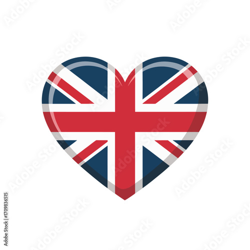 United Kingdom heart, patriotic flag design, glossy highlights, romantic emblem, travel theme sticker, national pride icon, vector artwork