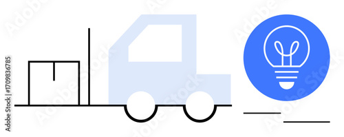 Delivery truck carrying a package beside a glowing light bulb icon. Ideal for concepts thumbs up logistics, innovation, shipping, creativity, business solutions, technology, simple landing page