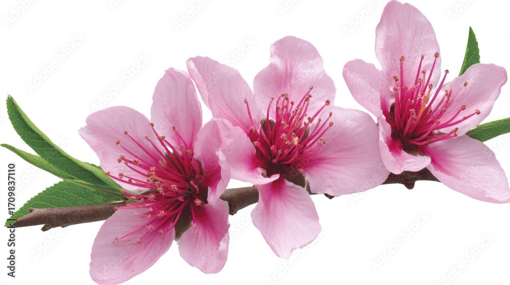 Fototapeta premium Three delicate pink blossoms on a branch with green leaves