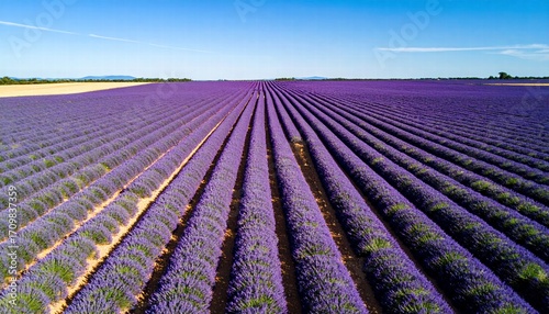 Aerial view of a lavender field in full bloom under a clear blue sky.