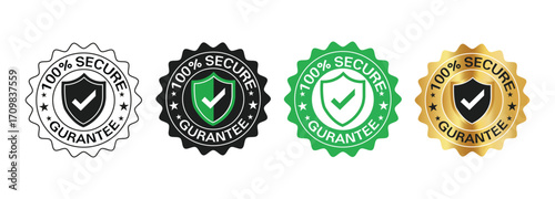 100 percent secure badge with shield and checkmark icon. For logo, circle, label, seal, symbol, botton, tag, sign, badge, stamp, emblem, vector Illustration