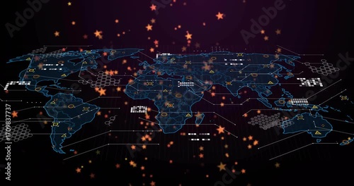 Drifting particles starting blue wireframe world map emerging linking data icons showing network