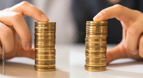 Stacking gold coins on table, concept of financial planning, investment growth, money management, savings, wealth accumulation, economic stability 
